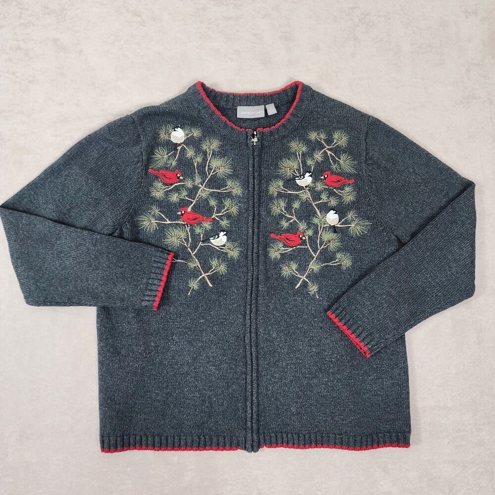 Croft and Barrow Cardinal Sparrow Christmas Zip Up Knit Sweater XL Embroidered